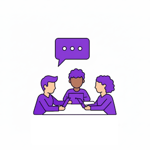 Illustration of three diverse people sitting at a table with a chat bubble above them, representing a support group for connection, community, and open discussion.