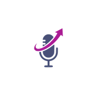 A dark blue microphone icon with a curving purple arrow rising up and to the right, symbolizing growth, public speaking, coaching, or vocal empowerment.
