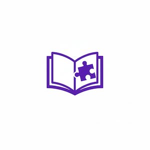 Purple icon of an open book with a purple puzzle piece on the page, symbolizing workshops, education, learning, and finding solutions to educational needs.