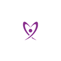 A purple abstract logo featuring a heart shape formed by two swooping lines, encircling a single figure, representing self-care, compassion, health, or emotional well-being.