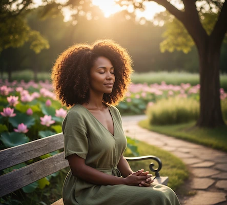 A beautiful Black woman with natural curly hair sits on a park bench with her eyes, bathed in sunset light amidst a garden of pink lotus flowers, symbolizing healing, mindfulness, and tranquility.
